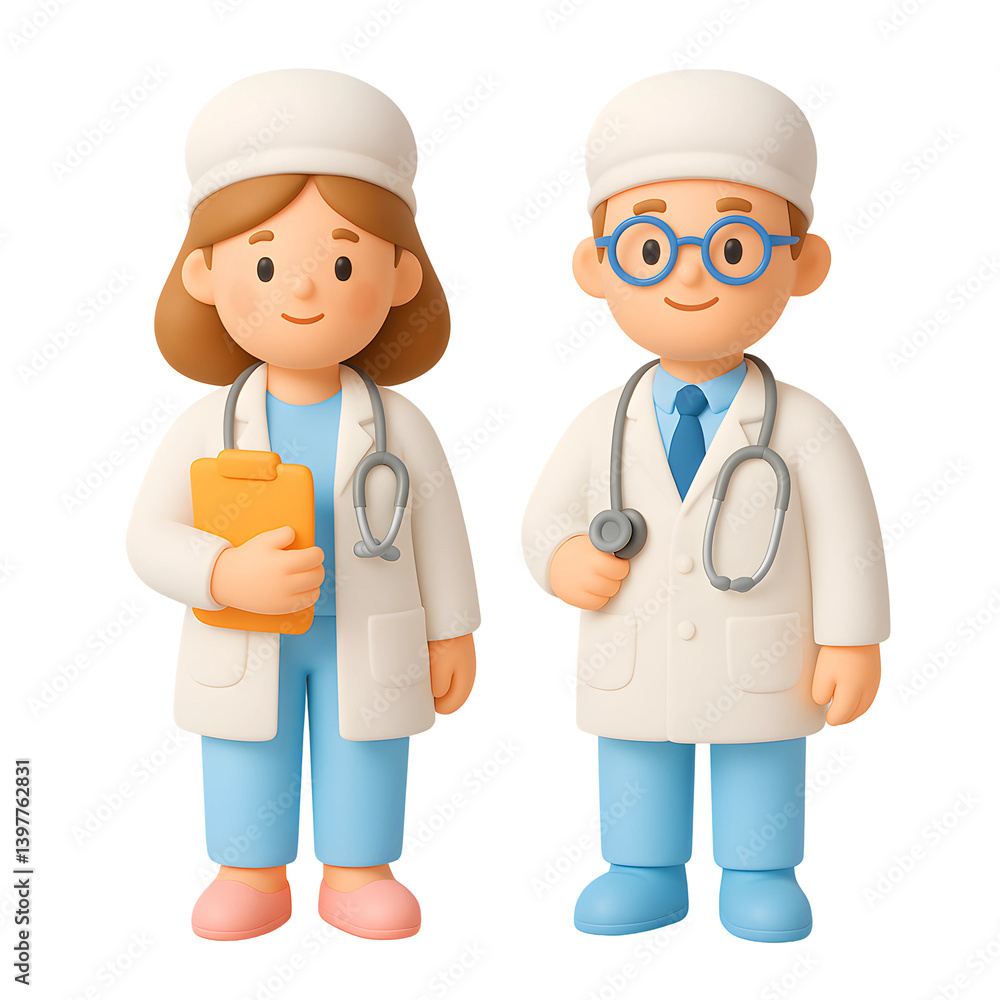 3D medical professionals in cheerful design featuring a female doctor with a clipboard and a male doctor with a stethoscope, set against a transparent background 3D medical professionals in cheerful design featuring a female doctor with a clipboard and a male doctor with a stethoscope, set against a transparent background