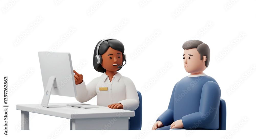 A compassionate customer service agent patiently assists a worried client seeking help, showcasing a friendly and helpful interaction with clean 3D cartoon visuals. A compassionate customer service agent patiently assists a worried client seeking help, showcasing a friendly and helpful interaction with clean 3D cartoon visuals.