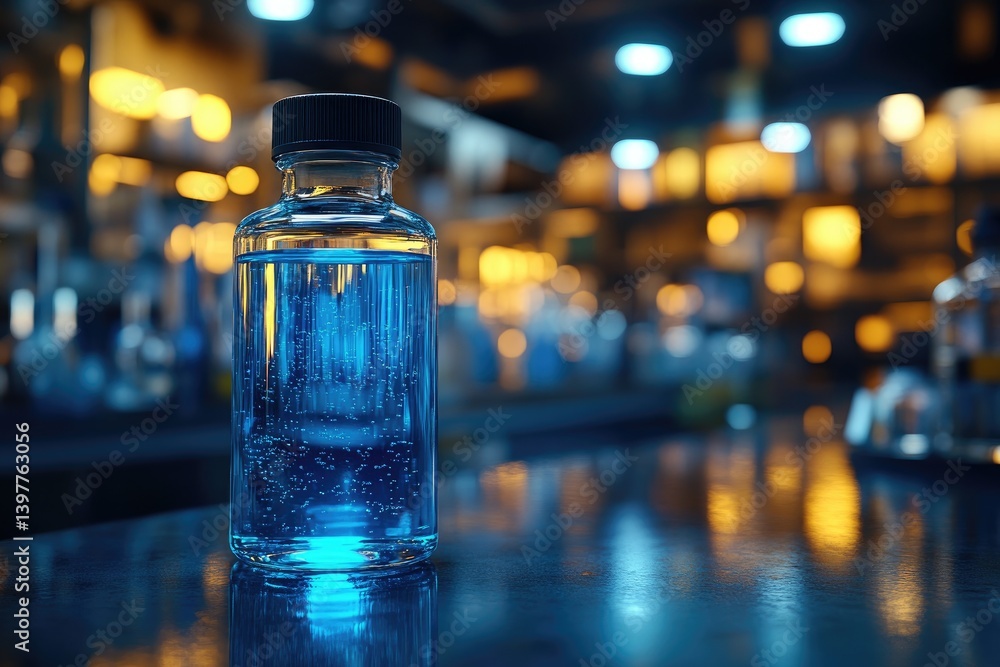 Blue liquid in a glass bottle in a laboratory setting Blue liquid in a glass bottle in a laboratory setting