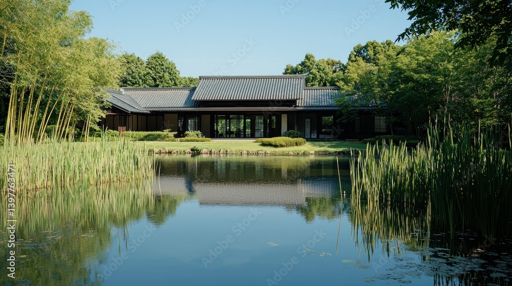 Serene Japanese house reflection in pond, tranquil garden Serene Japanese house reflection in pond, tranquil garden