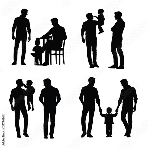 Set of Two Men Gay Couple with a Child, Family Love, Father Figure, Celebrating LGBTQ Pride Month
