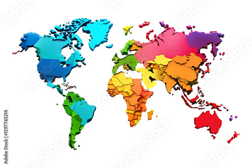 Colorful 3D World Map A Global Perspective on transparent background