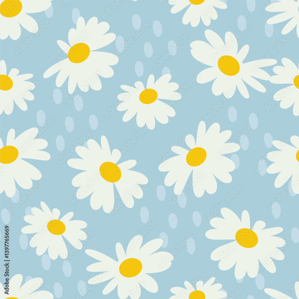 Obraz premium White daisies on blue background Seamless pattern background ideal for wrapping paper, fabric, textile etc.