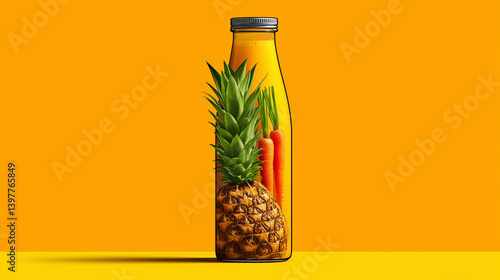 Carrot pineapple mix drink inside styled bottle on yellow backdrop.