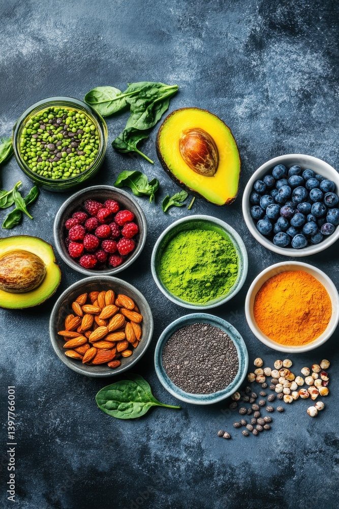 Bright colorful setup of trending superfoods in health context Bright colorful setup of trending superfoods in health context