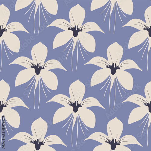 Stylized orchid flowers on blue Seamless pattern background ideal for wrapping paper, fabric, textile etc.