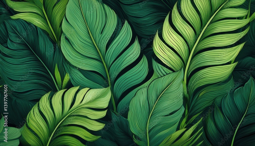 Intricate patterns of lush tropical leaves create a vibrant tapestry filled with shades of green. Intricate patterns of lush tropical leaves create a vibrant tapestry filled with shades of green.