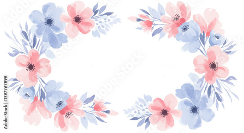 Fototapeta Naklejka Na Ścianę i Meble -  abstract floral wedding frame with watercolor splashes in pastel pink and blue