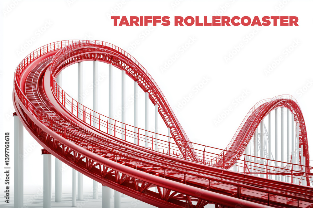 Empty red rollercoaster track twists dramatically with Empty red rollercoaster track twists dramatically with