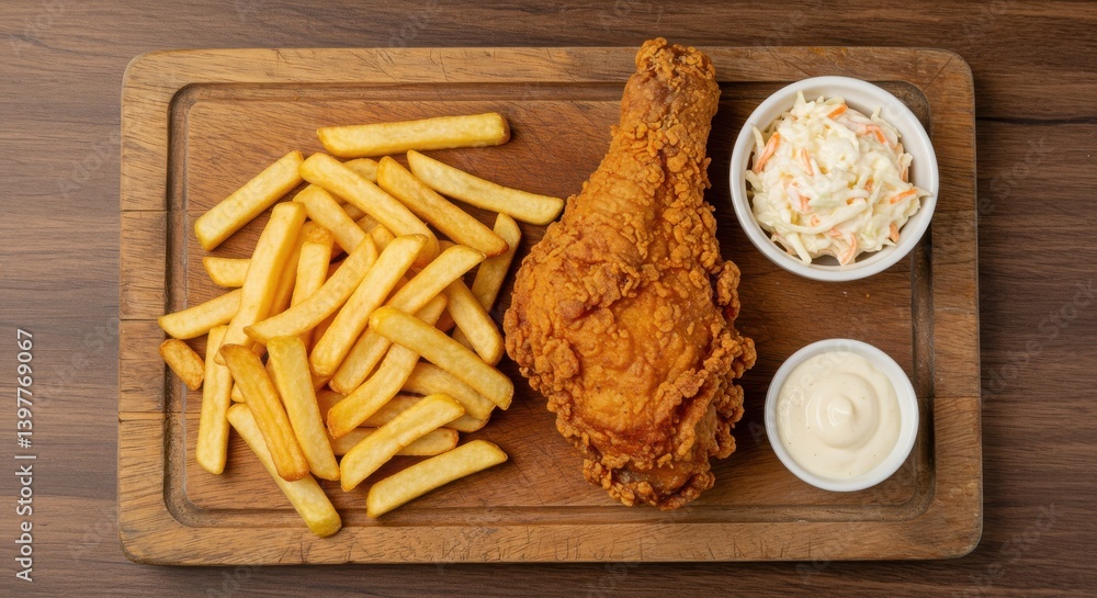 Naklejka premium A crispy golden fried chicken leg with fries and coleslaw artfully arranged on a weathered wooden board under warm lighting