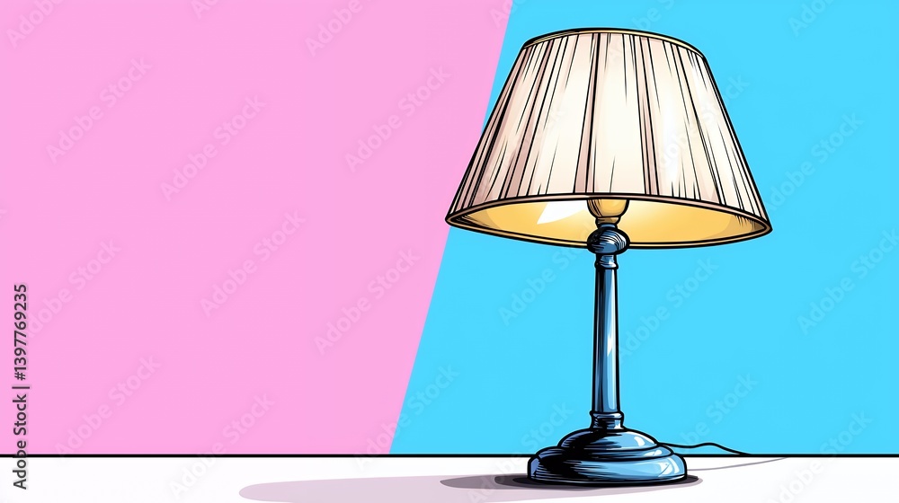 Blue Table Lamp with Beige Shade on Pink and Light Blue Background Blue Table Lamp with Beige Shade on Pink and Light Blue Background