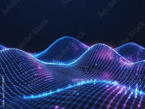Blue grid background with glowing light lines, featuring an abstract futuristic wireframe landscape with dots and beams on a dark blue backdrop. Ideal for technology digital design