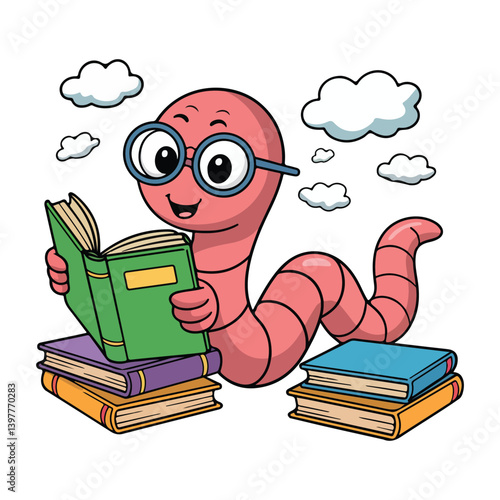 Cute cartoon bookworm wearing glasses, reading books with clouds in the background.