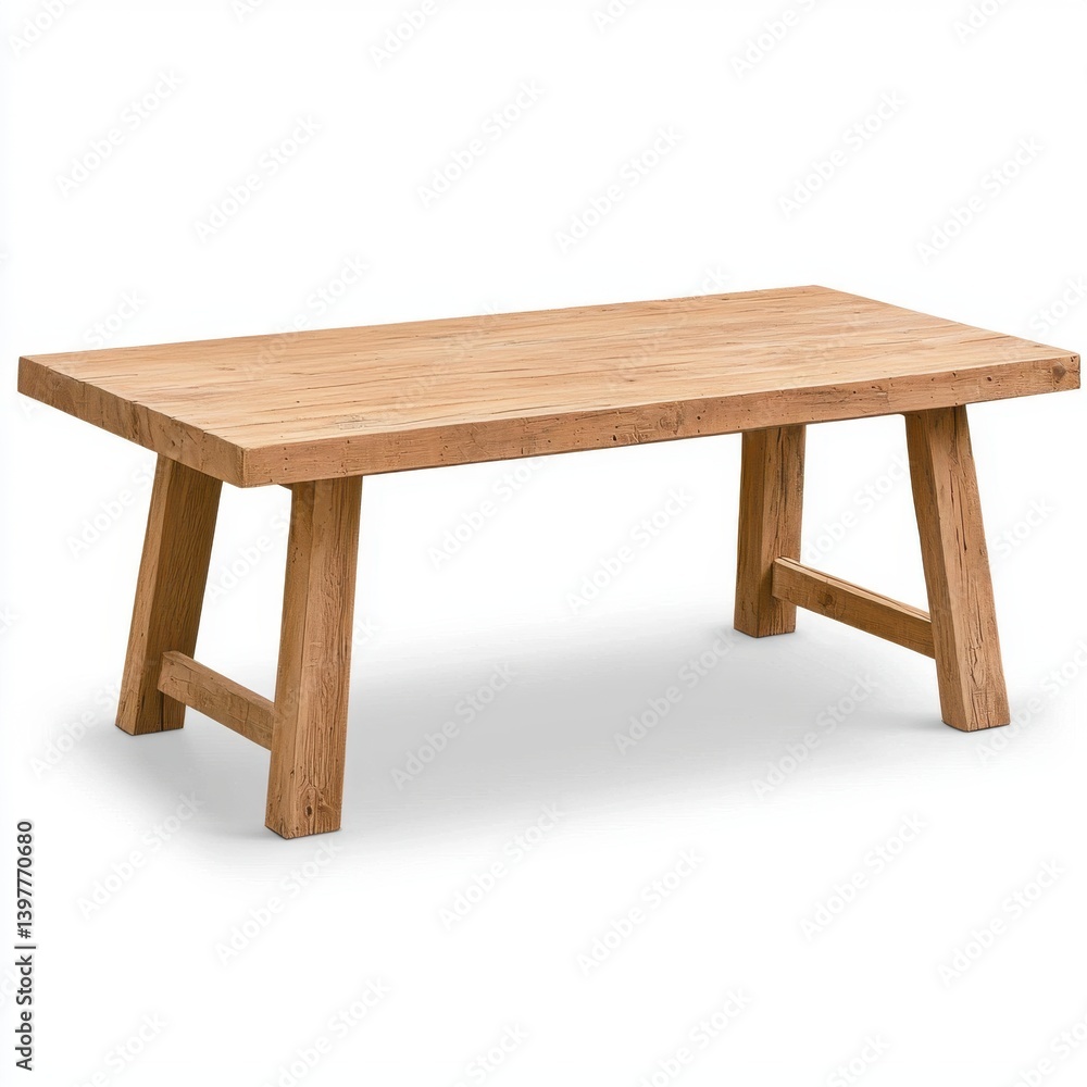 A rustic light oak wood coffee table with a thick rectangular top and a simple A-frame base sits on a white background perfect for modern living room decor. A rustic light oak wood coffee table with a thick rectangular top and a simple A-frame base sits on a white background perfect for modern living room decor.