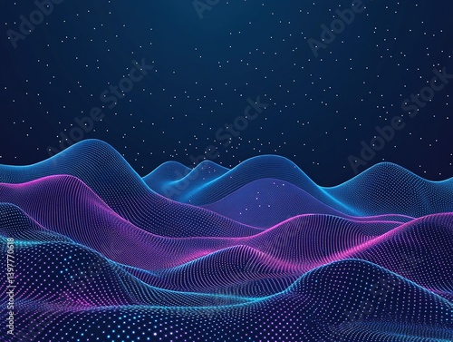 Blue grid background with glowing light lines, featuring an abstract futuristic wireframe landscape with dots and beams on a dark blue backdrop. Ideal for technology digital design