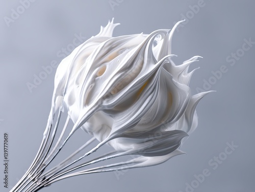 a whisk with stiffly beaten egg whites clinging to the wires