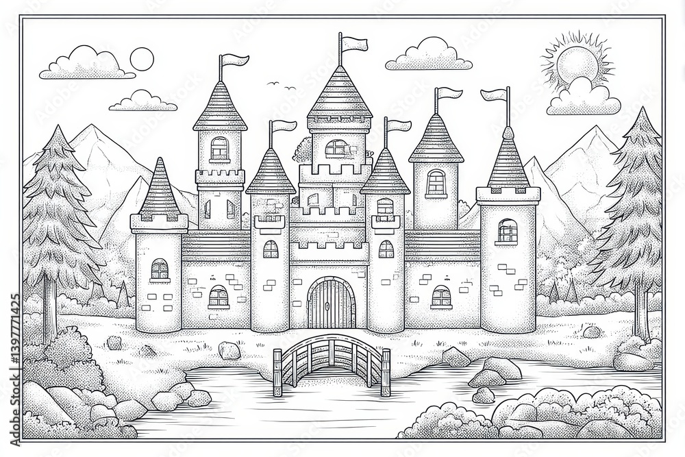 Fototapeta premium Black and White Illustration of a Grand Castle in a Simple Landscape