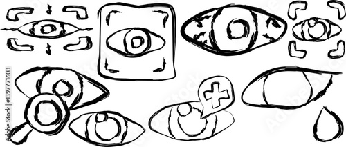 Eye Exam icons collection in doodle style. hand drawn icons of eye irritation, results, scan, sunglasses, eye fatigue, eye drops