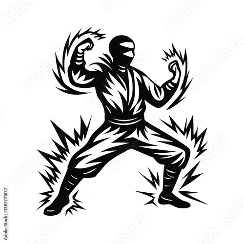 Wallpaper Mural Man in Martial Arts Stance, Punching, Concentrated, Isolated, Black and White Silhouette Torontodigital.ca