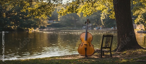 A cello stands next to a chair by a peaceful lake outdoors
