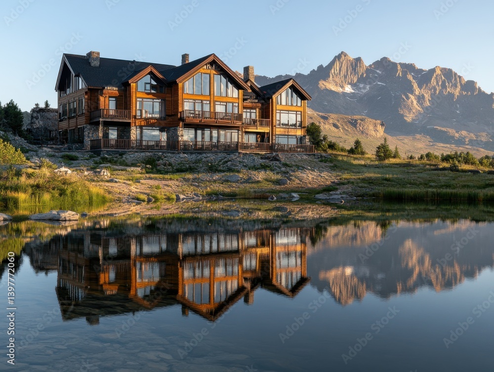 Fototapeta premium Mountain peak against yellow sun and dramatic landscape with warm backlighting and negative space below