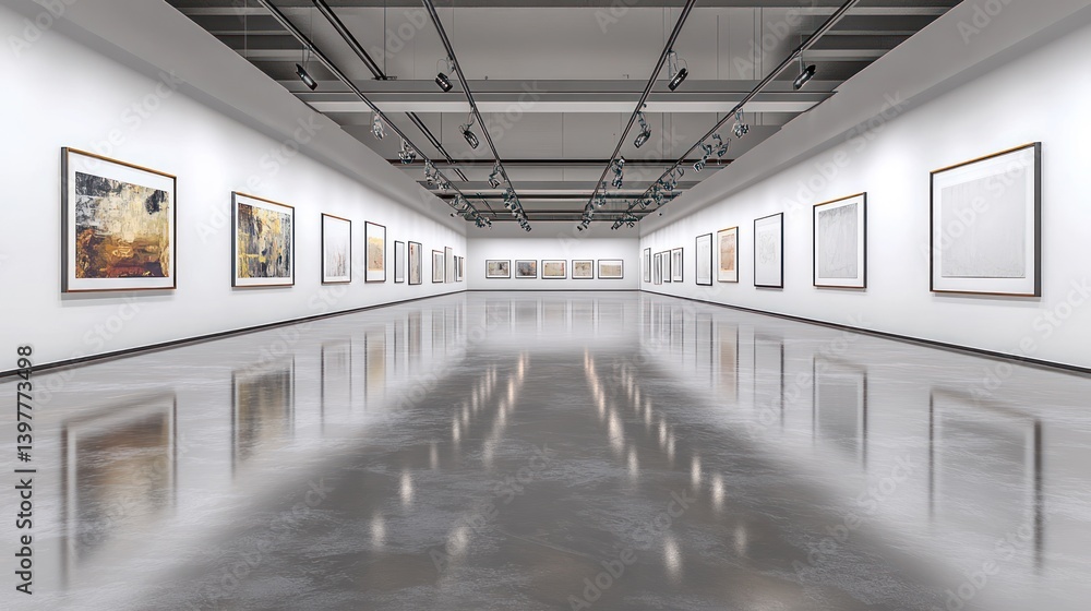 An empty modern art gallery displaying multiple framed paintings on walls An empty modern art gallery displaying multiple framed paintings on walls