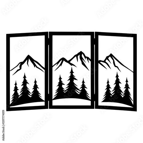 Triple Panel Mountain and Forest Room Divider Screen Black Metal Art Decor