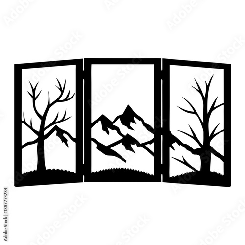 Trifold Room Divider with Mountain and Tree Silhouette Design Black Metal Screen