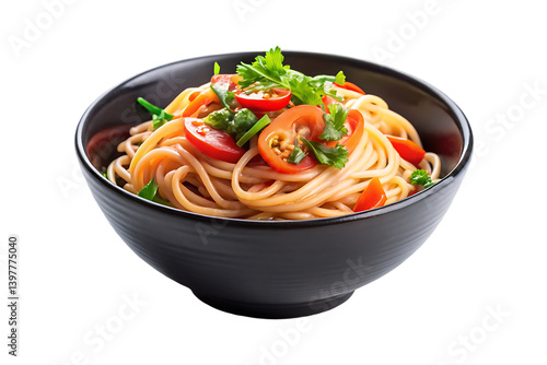 Delicious noodles in a black bowl on transparent background