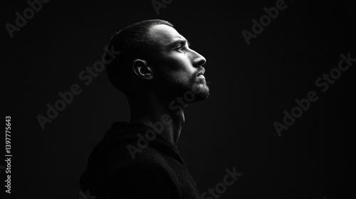 A striking black and white portrait of a man in profile, showcasing strong features and a contemplative mood against a dark background.