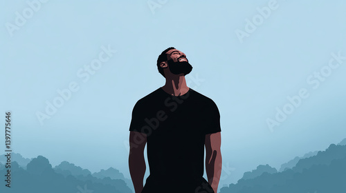 A man stands gazing up towards the sky, surrounded by a serene landscape of mountains and soft, pastel colors.
