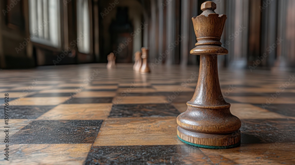Wooden Queen Chess Piece Dominates Checkerboard Floor in Warm Light with Blurred Chess Pieces and Arched Doorway Backdrop