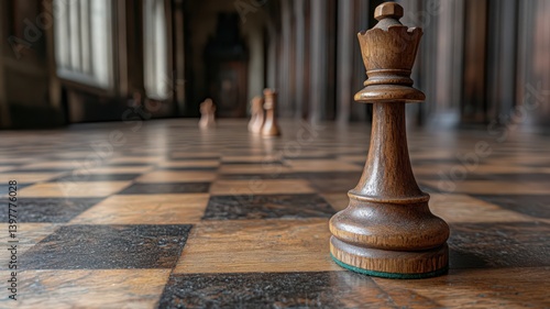 Obraz na płótnie Wooden Queen Chess Piece Dominates Checkerboard Floor in Warm Light with Blurred Chess Pieces and Arched Doorway Backdrop w salonie