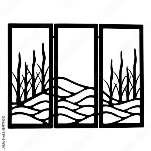 Trifold Room Divider Screen with Water and Reeds Design Black Metal Decorative Panel
