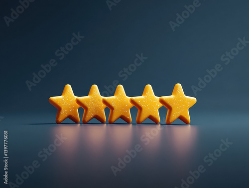 Five orange stars against a dark background, representing high ratings or quality, with a glossy finish reflecting light.