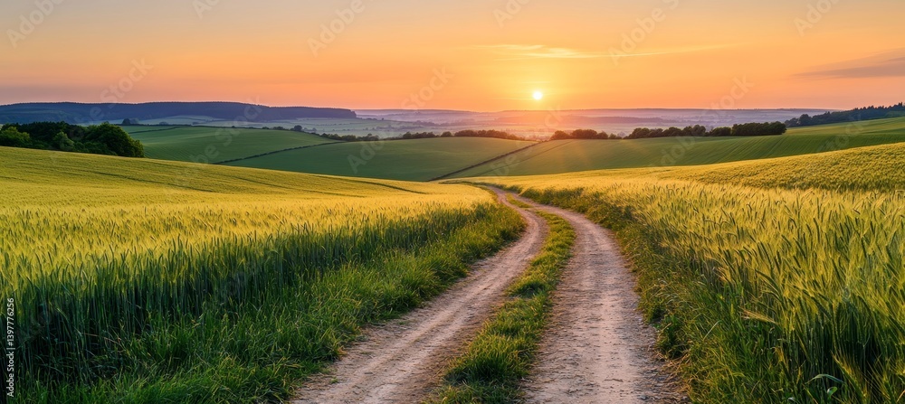 Fototapeta premium Stunning sunset over south downs fields with dirt road and lush wheat on either side