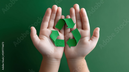 Two hands hold green recycling symbols, symbolizing environmental awareness and sustainability against a green backdrop.