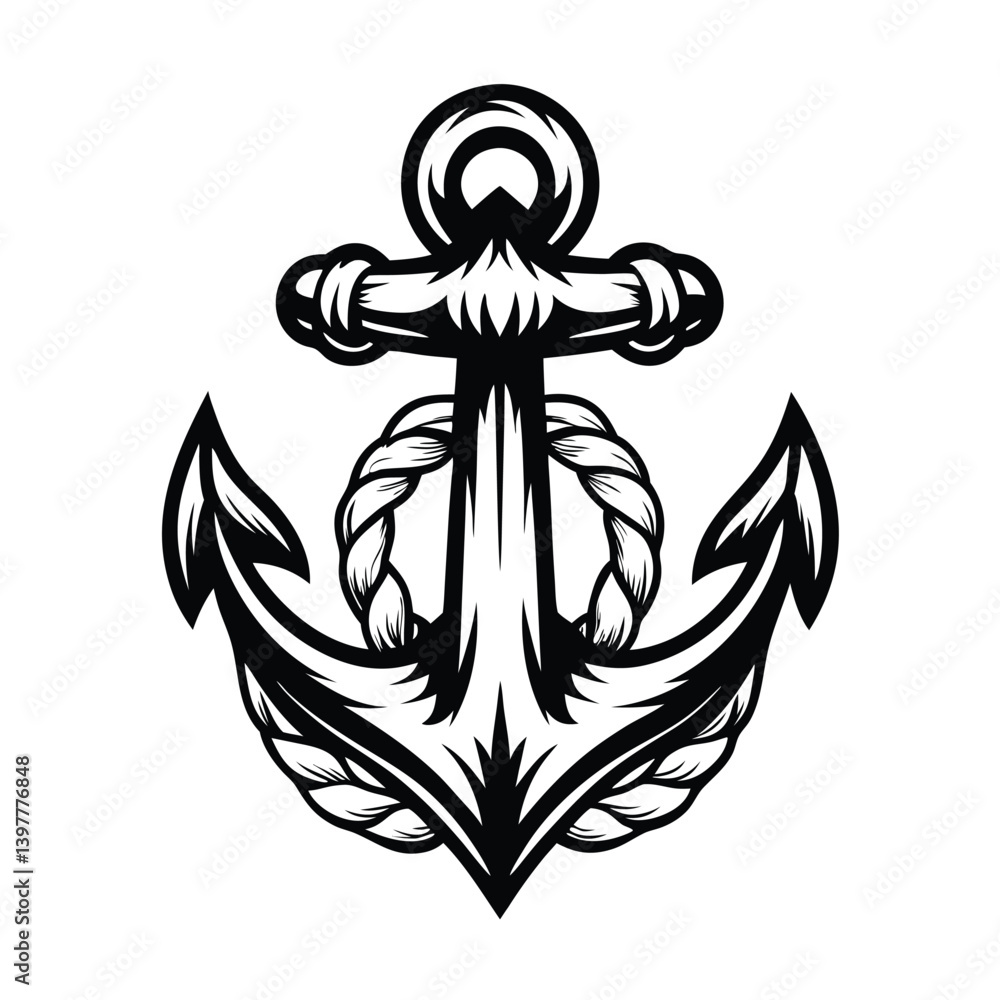 Obraz premium Monochrome Anchor with Rope Wrapped Around Isolated on White Background Nautical Design