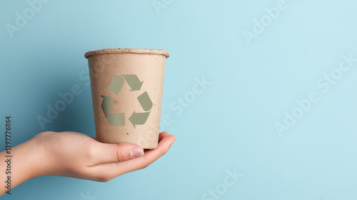 A hand holds a biodegradable cup with a recycling symbol against a light blue background, emphasizing eco-friendly practices and sustainability.