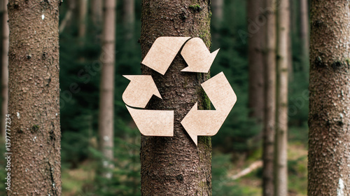 A recycling symbol is mounted on a tree in a forest, promoting sustainability and environmental awareness among natural surroundings.