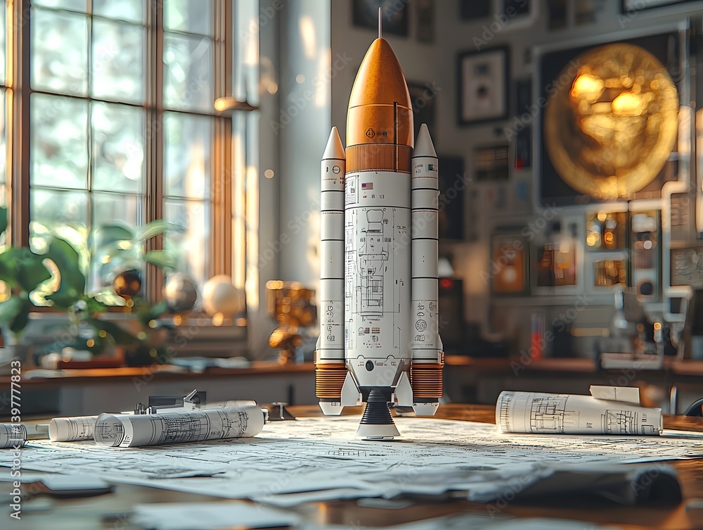 A rocket model centerpiece and space blueprints on an office desk