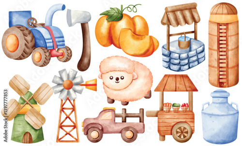 Watercolor Farm Clip Art Set Hand Painted Tractor Sheep Windmill Truck Market Stall Milk Can Well Axe Apricot Silo Illustration