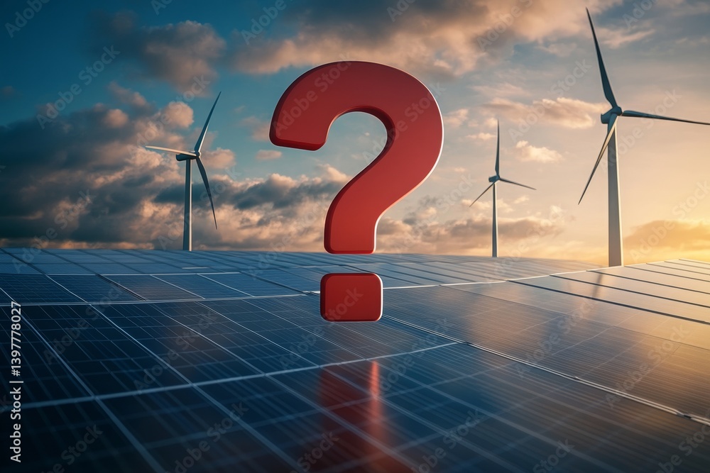 Red question mark on solar panels and wind turbines energy choices between renewables and nuclear