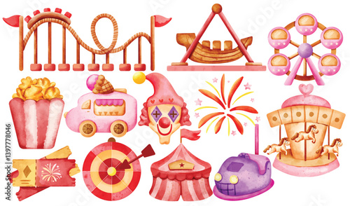 Watercolor Amusement Park Clip Art Set Hand Painted Roller Coaster Carousel Ferris Wheel Bumper Car Popcorn Circus Tent Clown Cotton Candy Firework Ride Ticket Illustration
