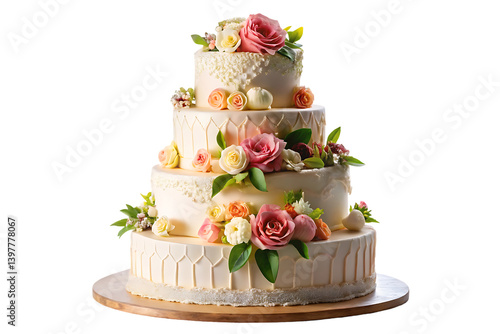 Delicious multi layered decorated wedding cake isolated on transparent background