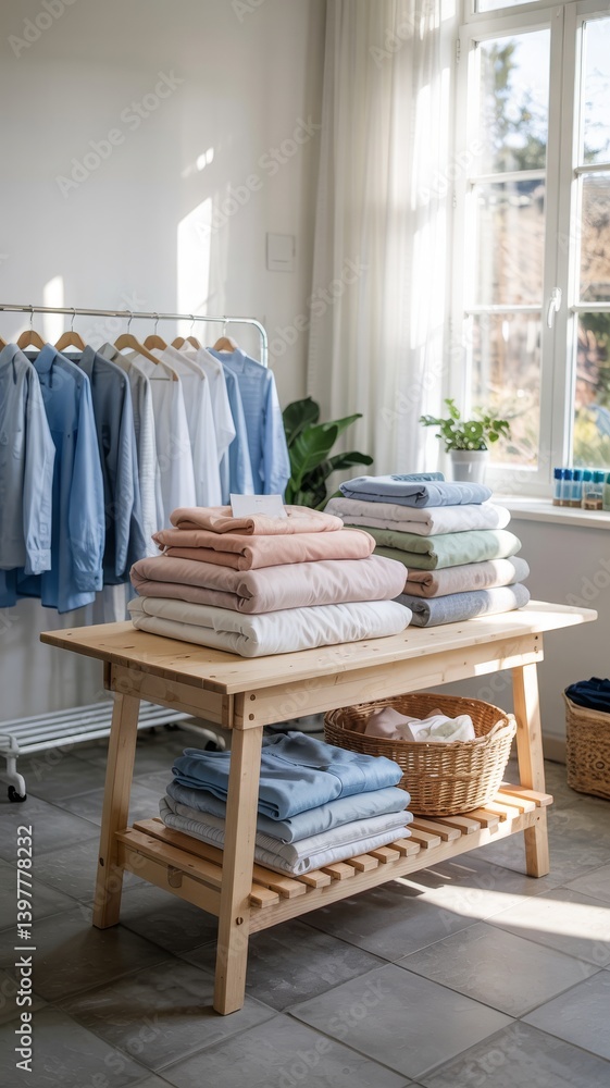 Perfectly folded clothes and pressed shirts in a cozy dry cleaning room bathed in sunlight Perfectly folded clothes and pressed shirts in a cozy dry cleaning room bathed in sunlight