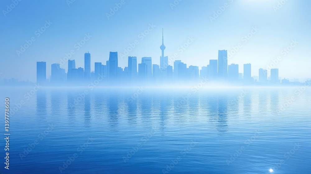 Fototapeta premium Misty city skyline reflected on calm water