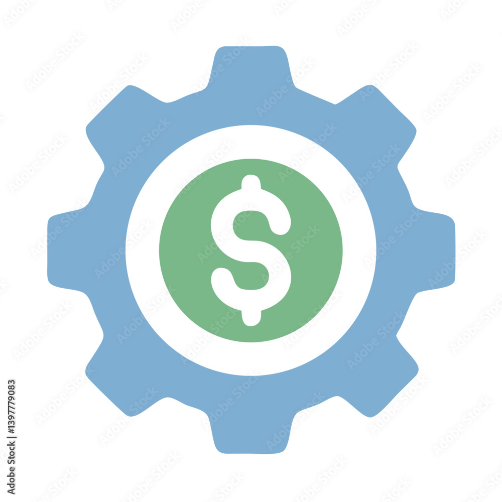Flat icon of a gear with a dollar sign in the center, representing financial operations, budget settings, or business strategy.

