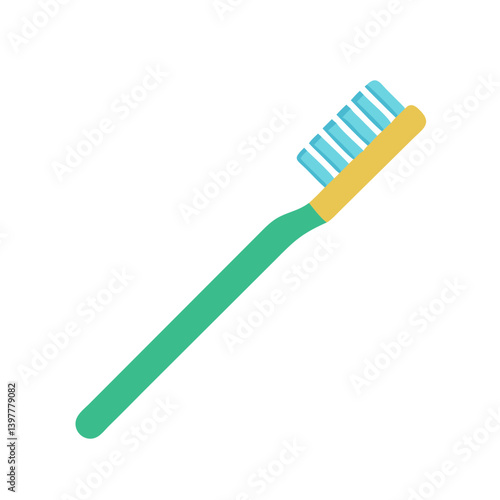 Flat vector icon of a green and yellow toothbrush with blue bristles, representing dental care, hygiene, and morning routine.
