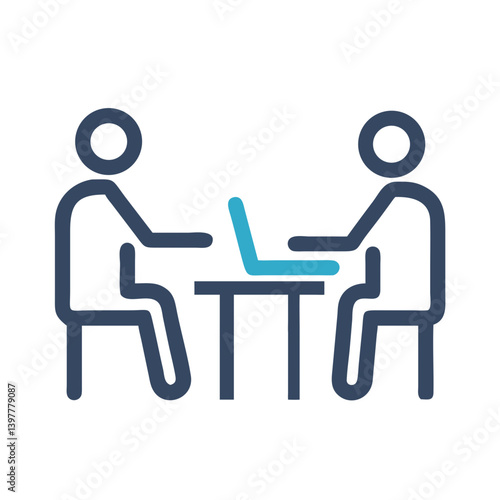 Flat outline icon of two people sitting at a table with a laptop, symbolizing a meeting, teamwork, or interview setting.
